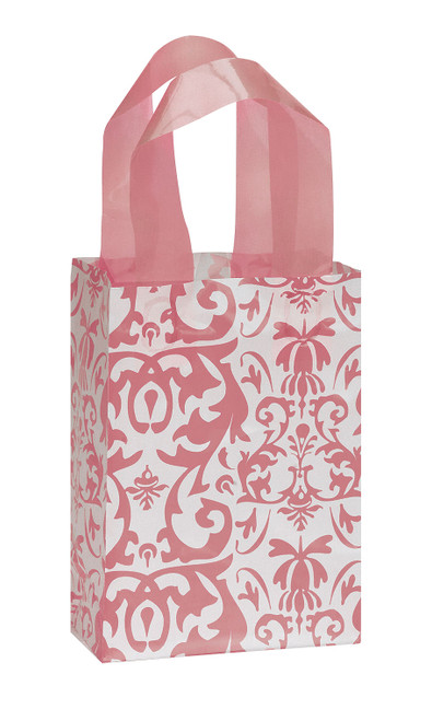 Small Pink Damask Frosted Plastic Shopping Bags - Case of 100zoom