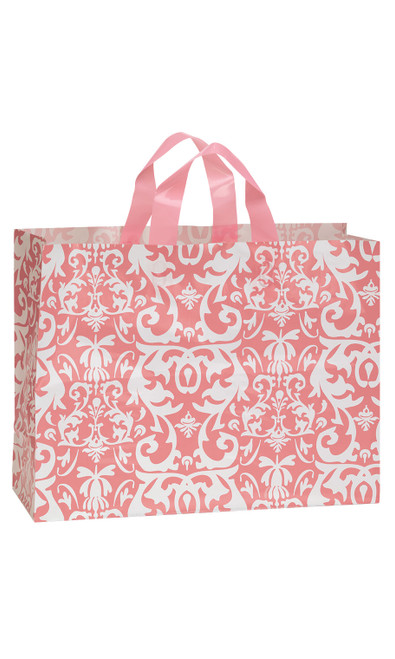 Large Pink Damask Frosted Plastic Shopping Bags - Case of 100zoom