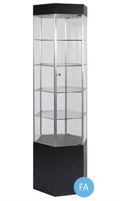 Hexagonal Black Metal Framed Tower Display Case with Lightzoom