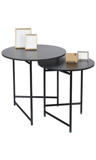 An image of the Round Nesting Tables with frames on the tabletop